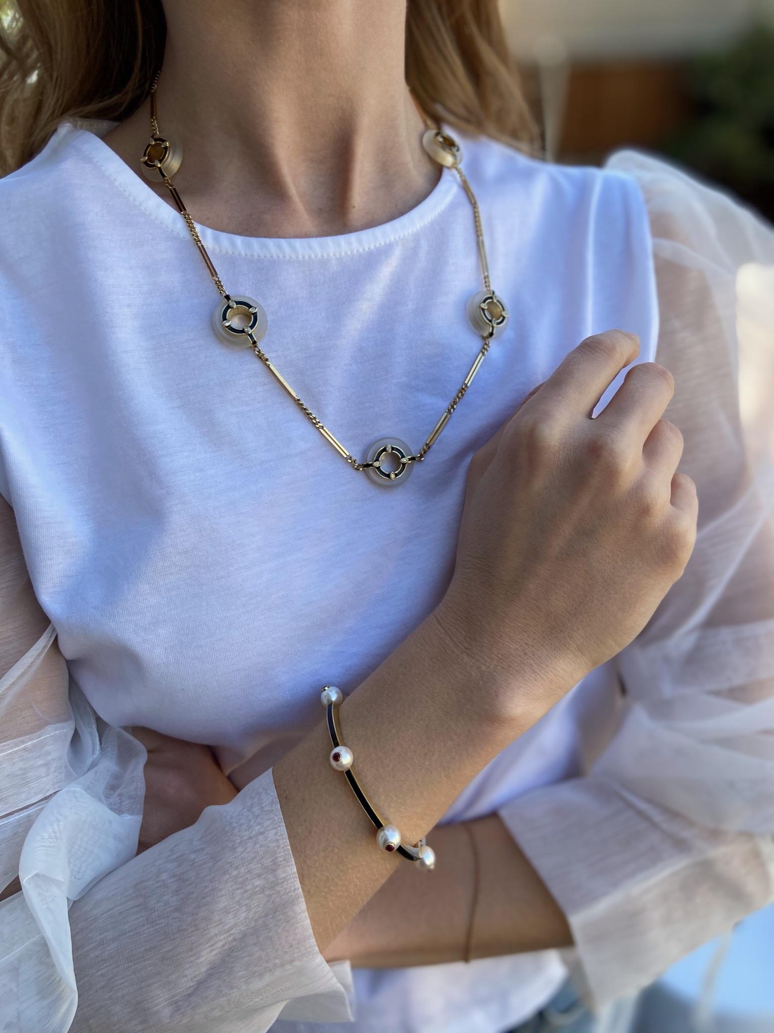 Reversible Halskette aus Bergkristall, Marquise-Diamant und schwarzer Emaille in 18K für Damen oder Herren im Angebot