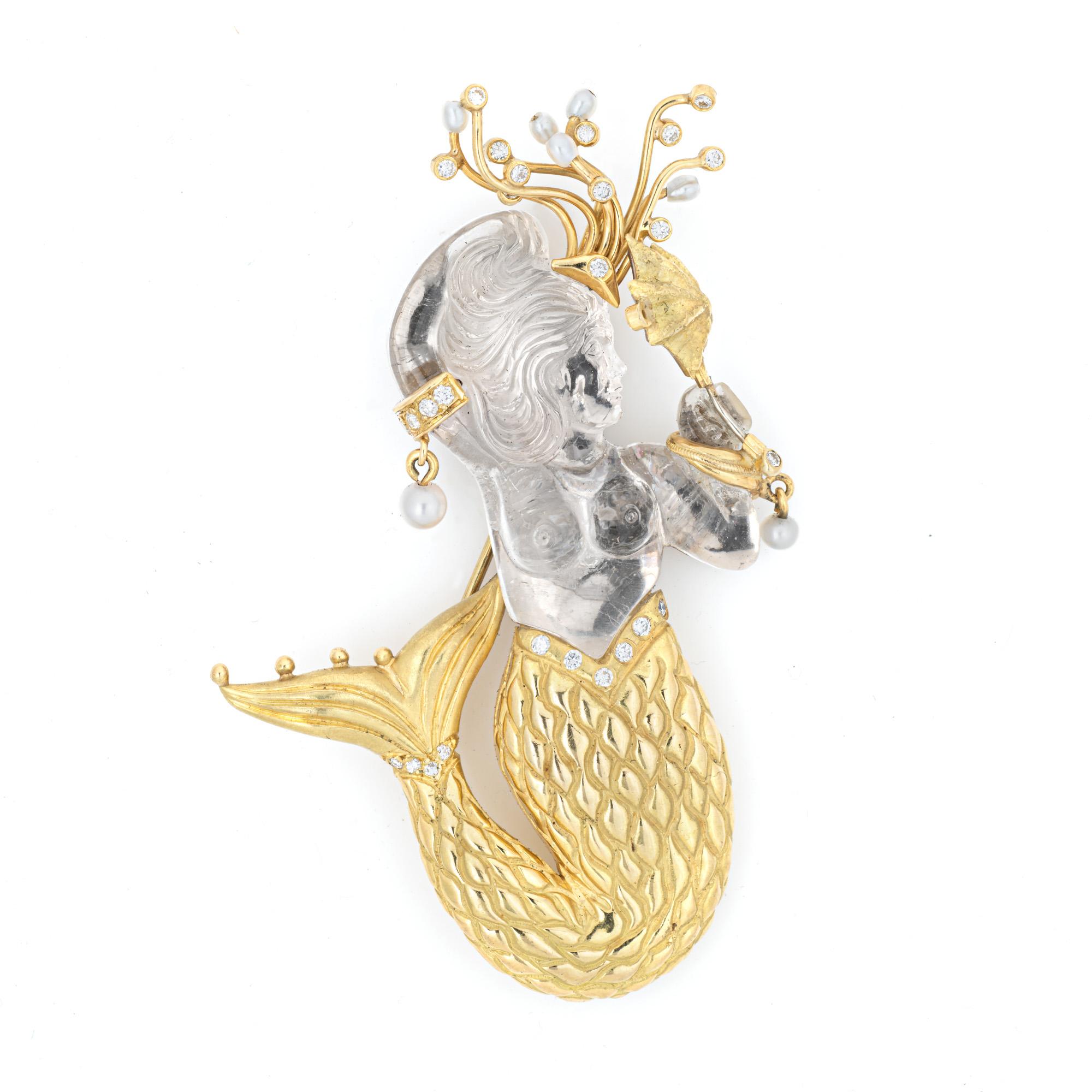Modern Rock Crystal Mermaid Pendant Estate 18k Yellow Gold Diamond Brooch Jewelry For Sale