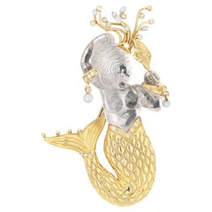 Rock Crystal Mermaid Pendant Estate 18k Yellow Gold Diamond Brooch Jewelry