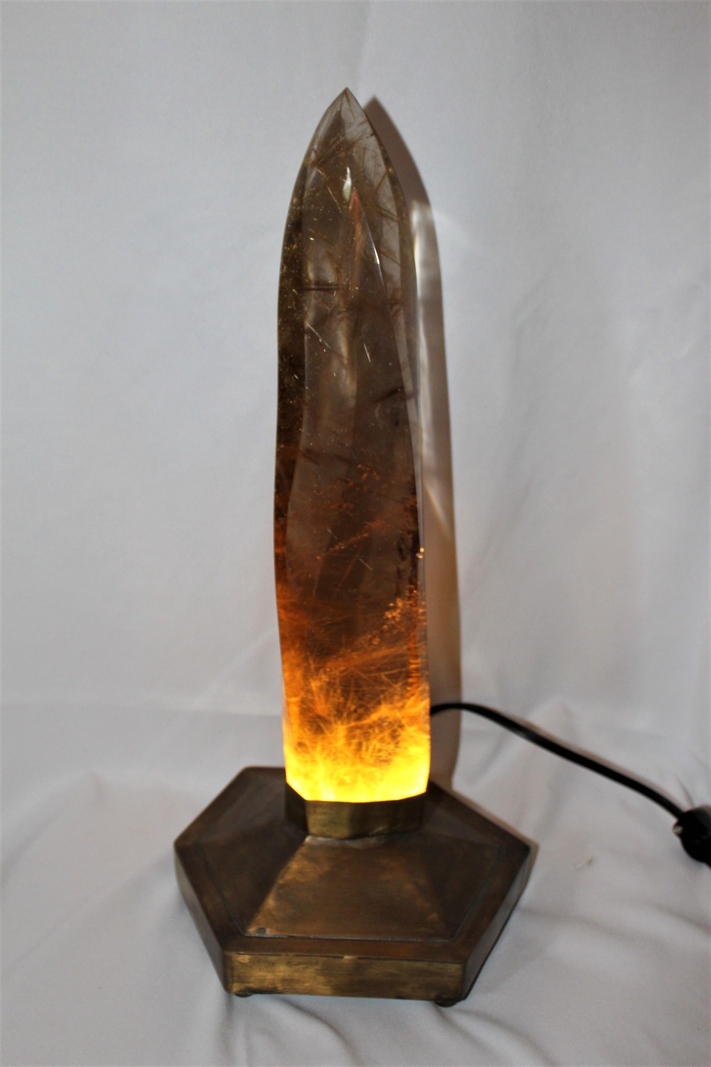 Brazilian Rock Crystal, Mounted, Smokey Quartz, Lamp Special Made Base, Brass For Sale