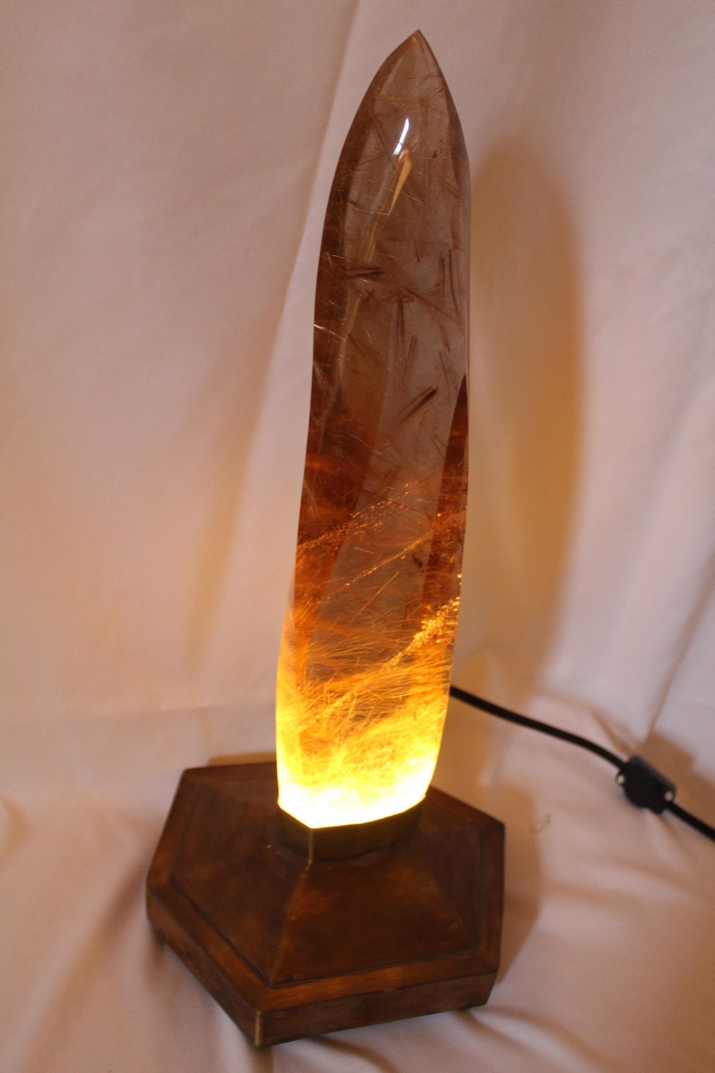 Late 20th Century Rock Crystal, Mounted, Smokey Quartz, Lamp Special Made Base, Brass For Sale