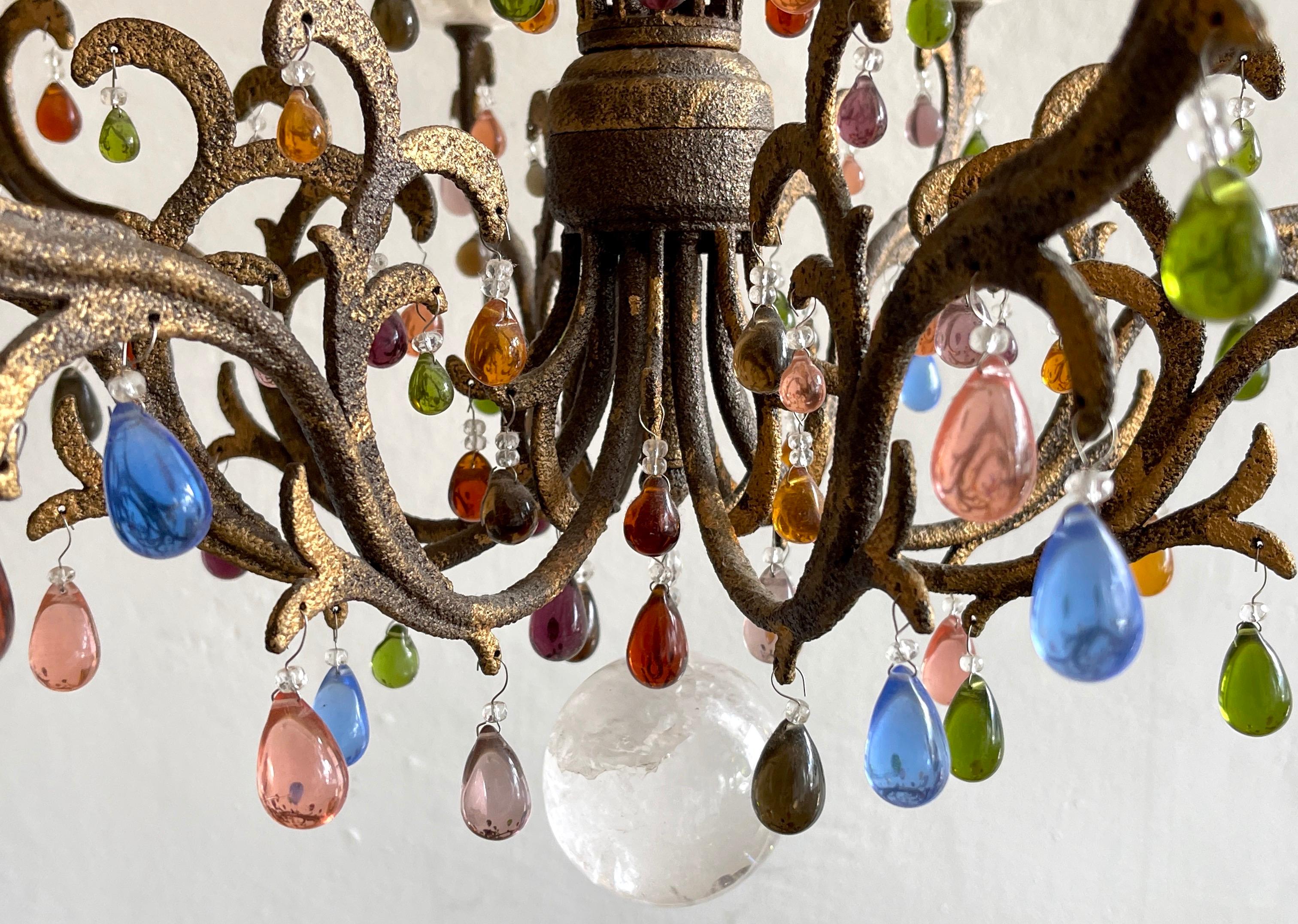 Rock Crystal & Multi-Colored Quartz 8-Light Gilt Iron Chandelier In Good Condition For Sale In West Palm Beach, FL