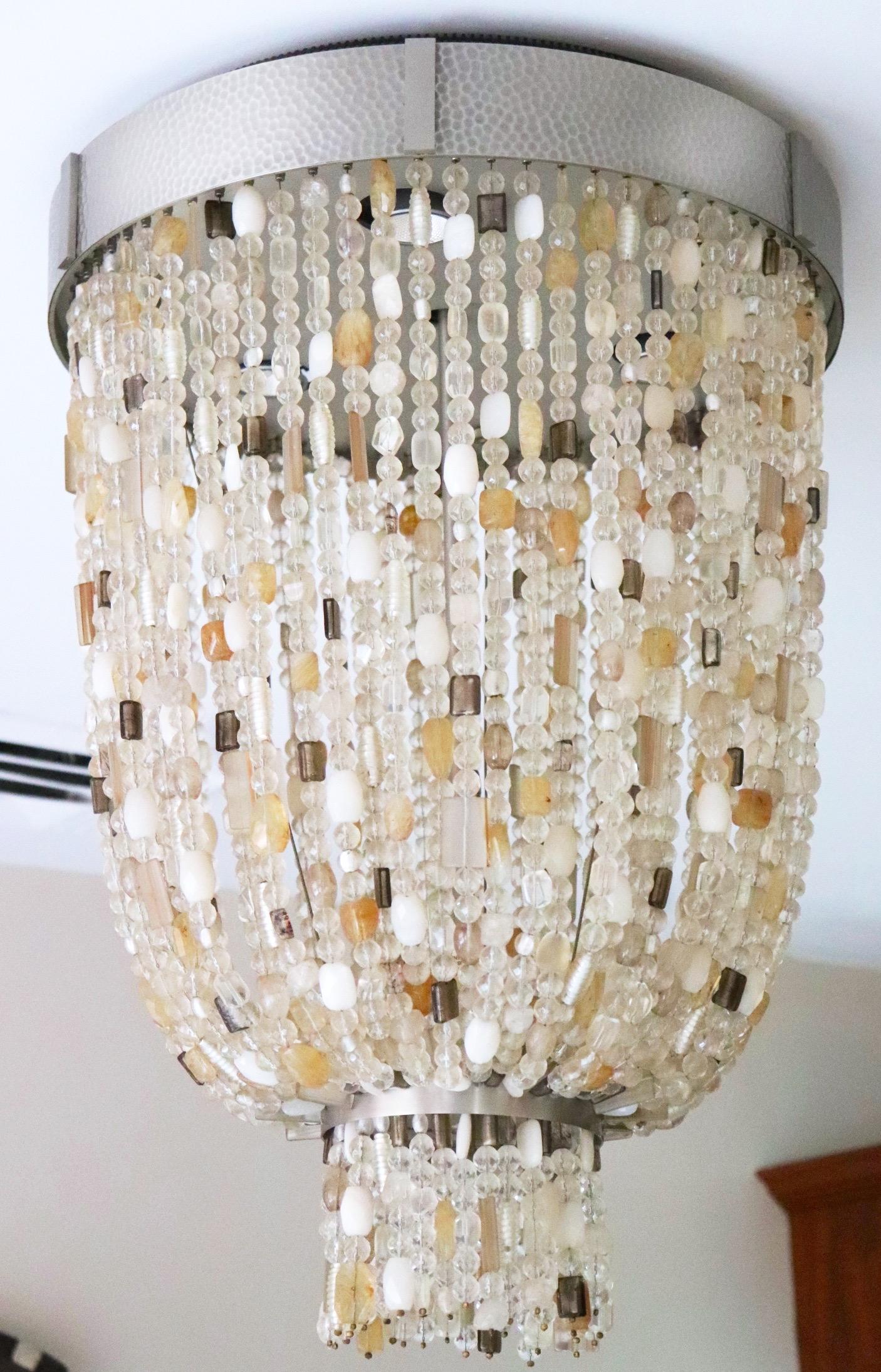 Rock crystal Murano glass bead chandelier Thomas Fuchs Boyd Lighting Lavaliere.
This Kentfield collection ceiling fixture by Thomas Fuchs for Boyd Lighting is the perfect contemporary romantic fixture with warm, neutral tones of semi-precious
