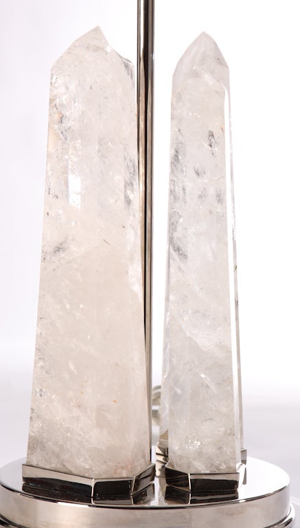 American Rock Crystal Obelisk Lamps with Nickel Bases