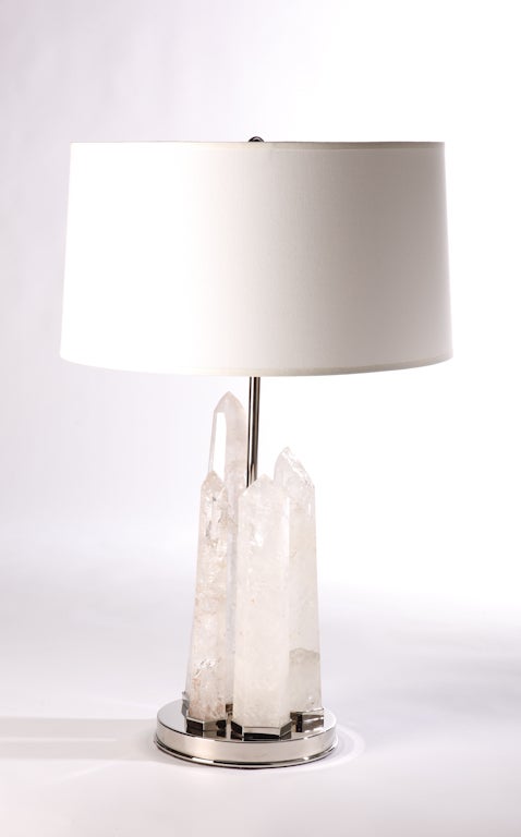 Hand-Carved Rock Crystal Obelisk Lamps with Nickel Bases