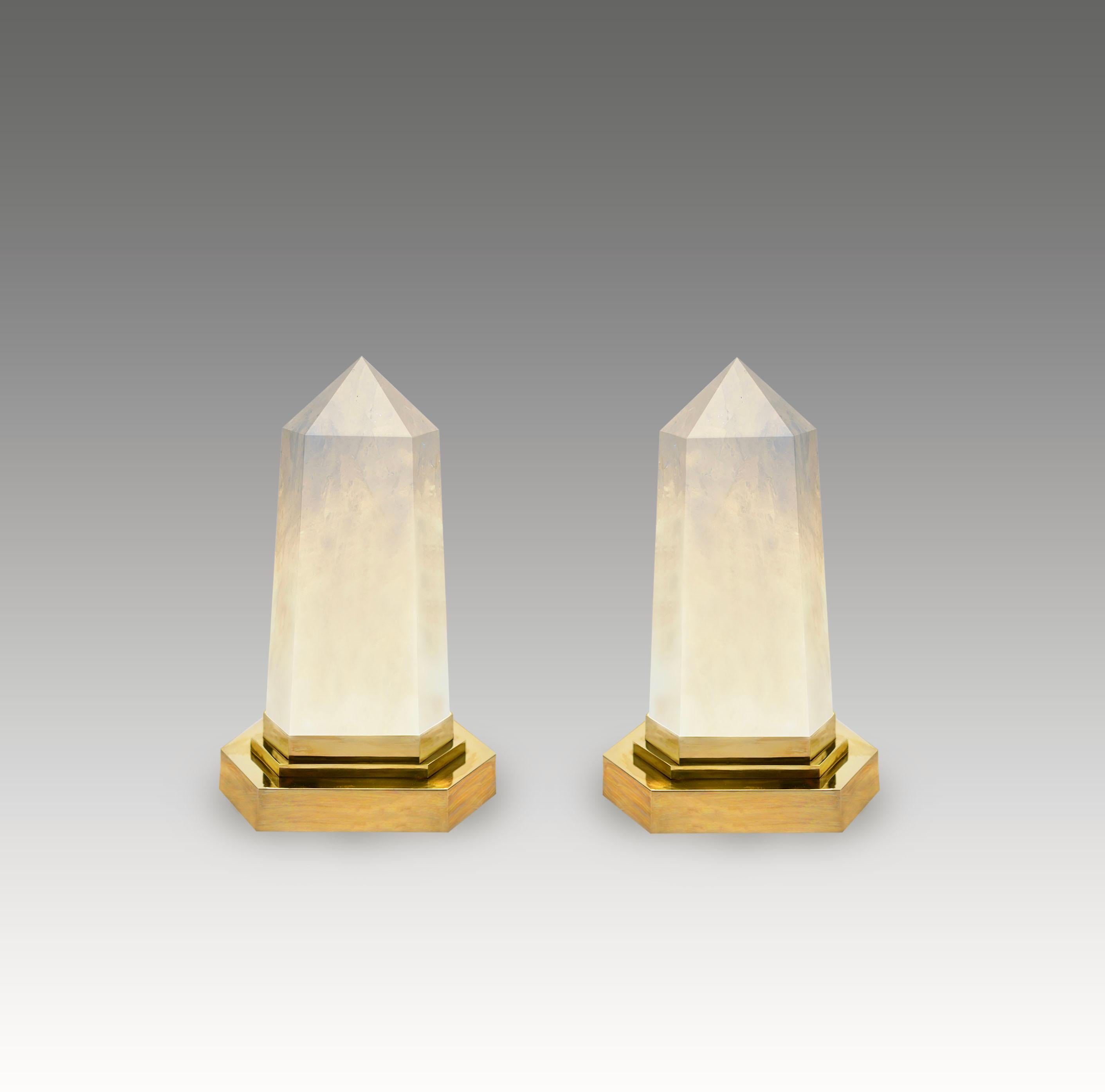 Pair of rock crystal obelisk lights with a polished brass bases. Created by Phoenix Gallery, NYC. 
Two sockets installed. Supply two led warm lights. 120w max.
Custom size available.