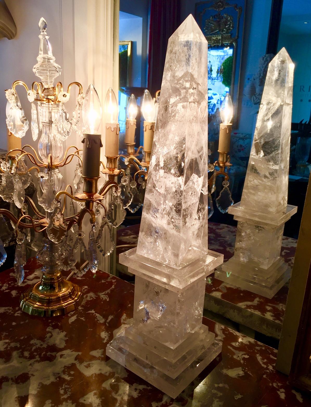 Neoclassical Rock Crystal Obelisks, Pair, French  For Sale