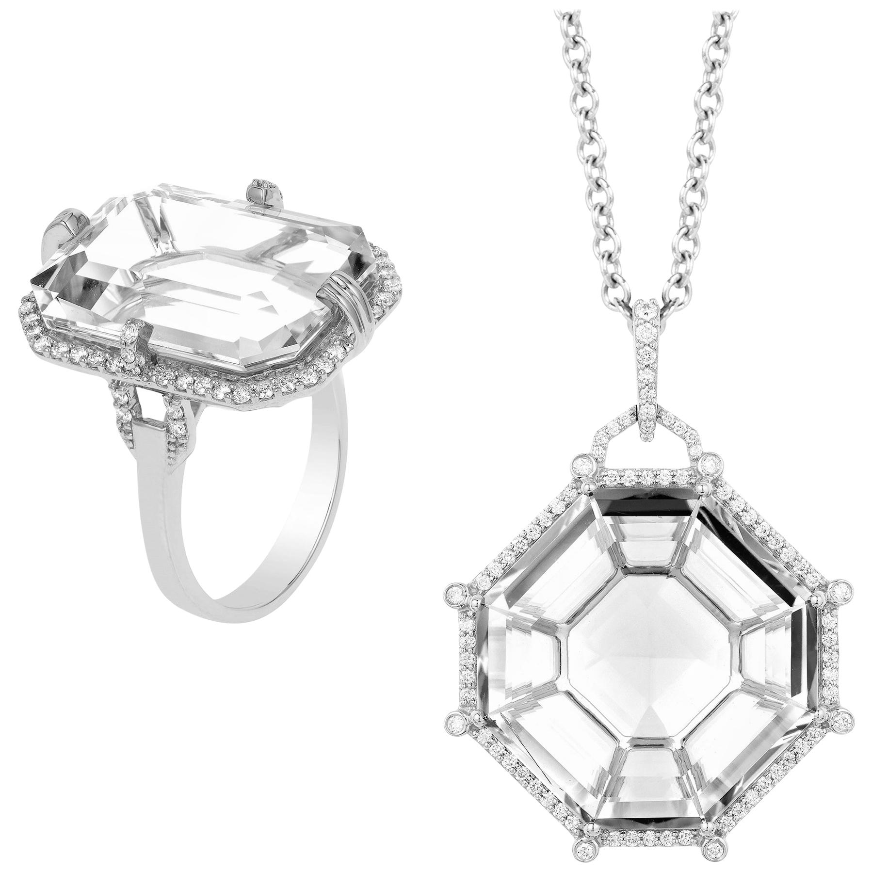 Goshwara Octagon Rock Crystal With Diamond Pendant And Ring For Sale