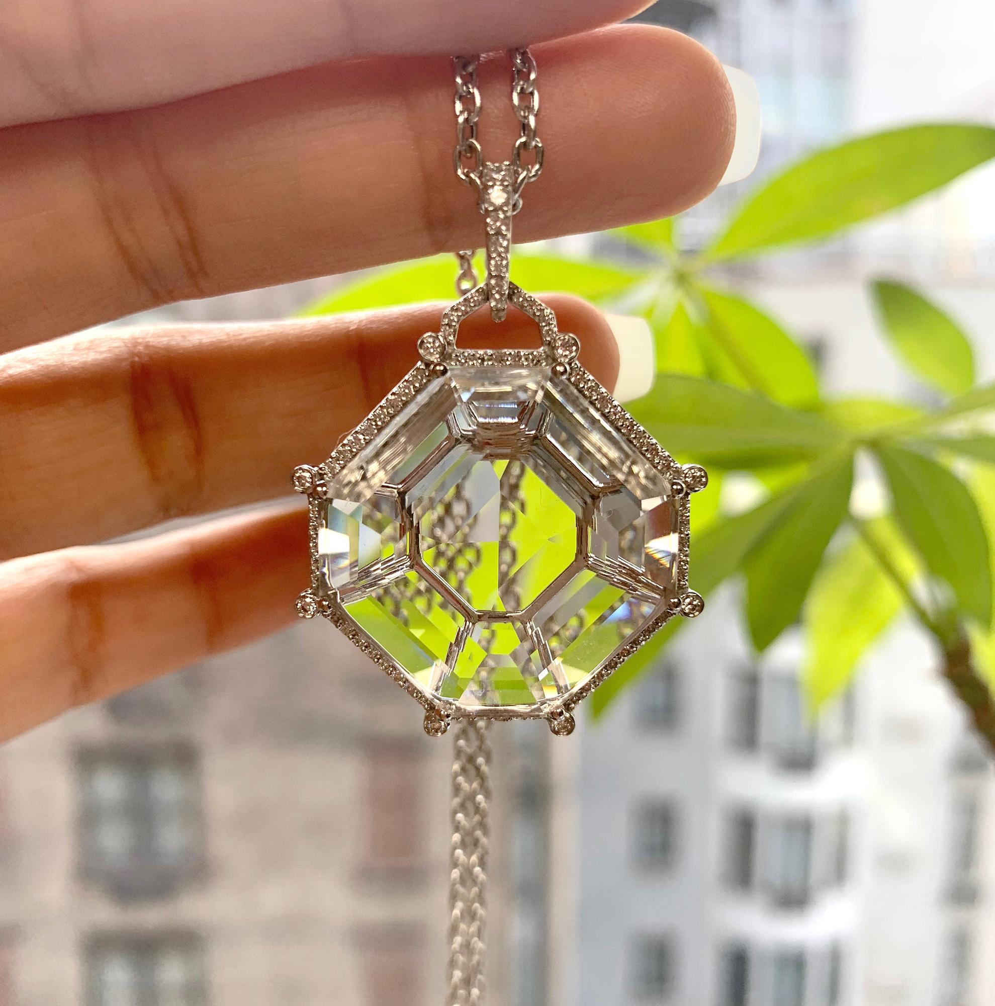 Octagon Cut Goshwara Octagon Rock Crystal And Diamond Pendant For Sale