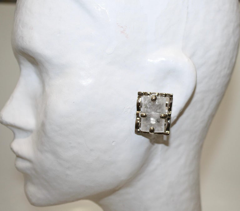 Modern Rock Crystal on Palladium Clip Earrings  For Sale