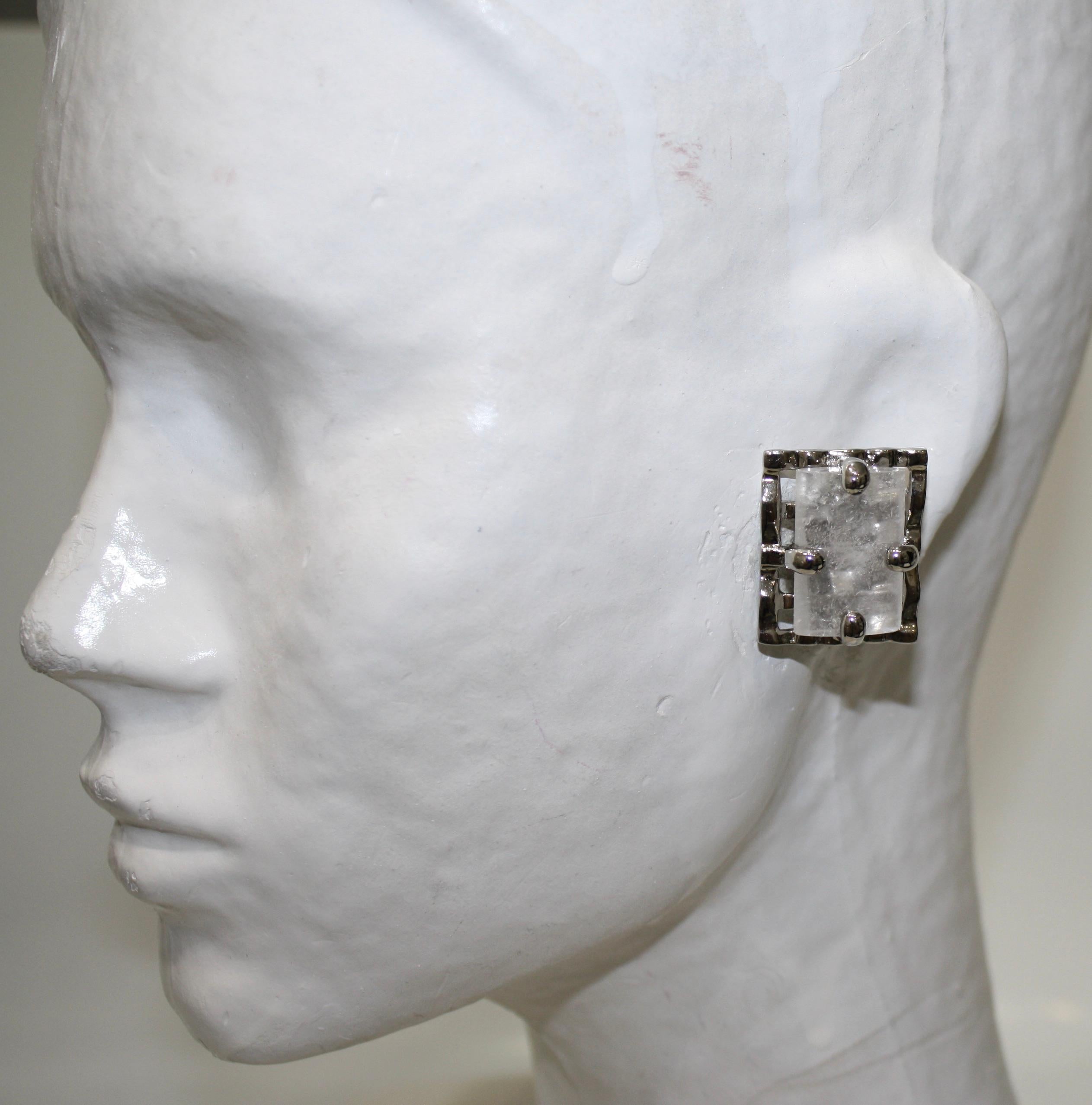 Modern Rock Crystal on Palladium Clip Earrings 