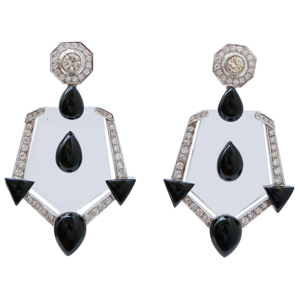 Pendientes de cristal de roca, ónix, diamantes y oro blanco de 18 quilates.