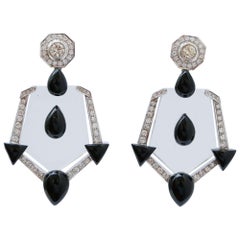 Rock Crystal, Onyx, Diamonds, 18 Karat White Gold Earrings.