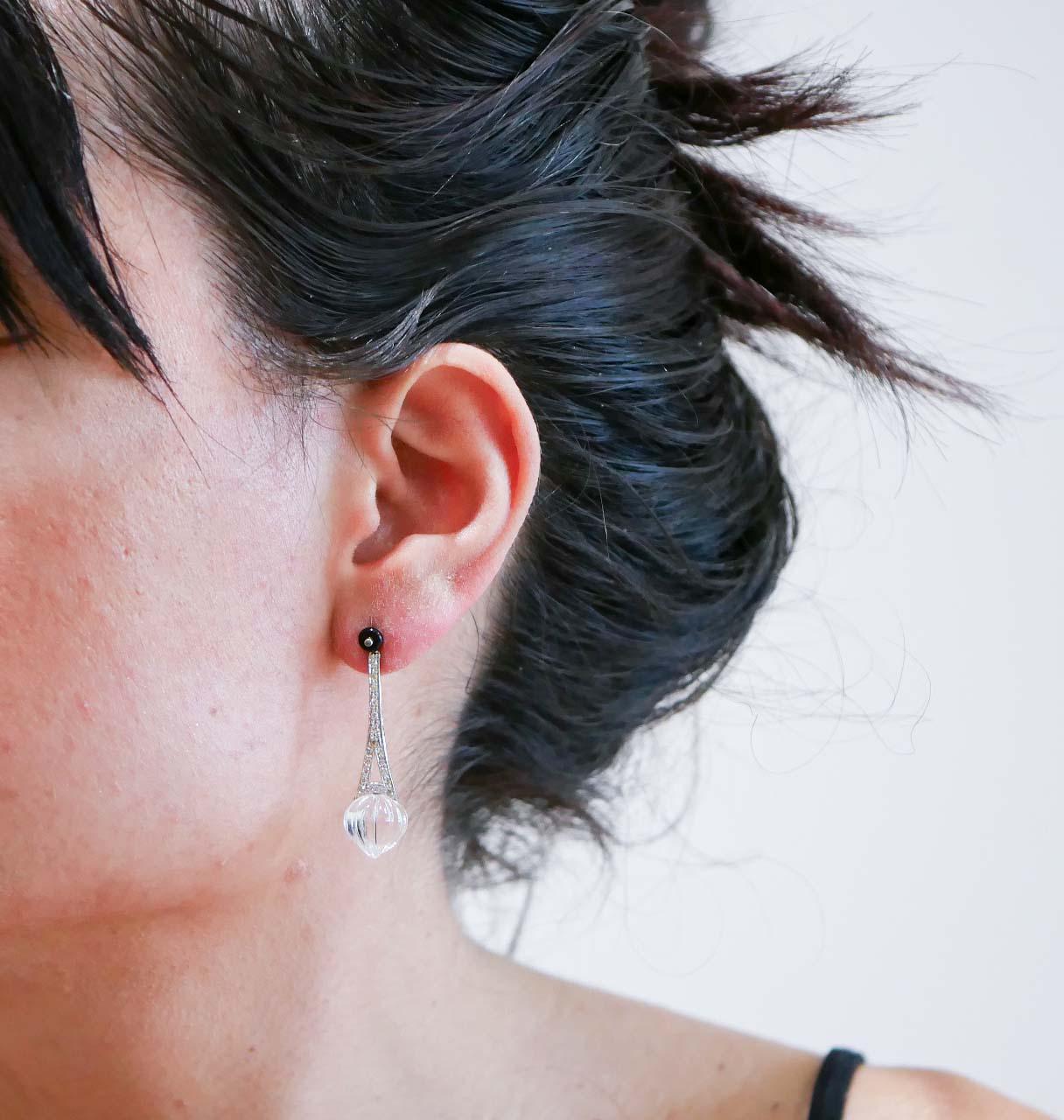 Pendientes Colgantes de Cristal de Roca, Ónice, Diamantes y Platino. Corte mixto en venta
