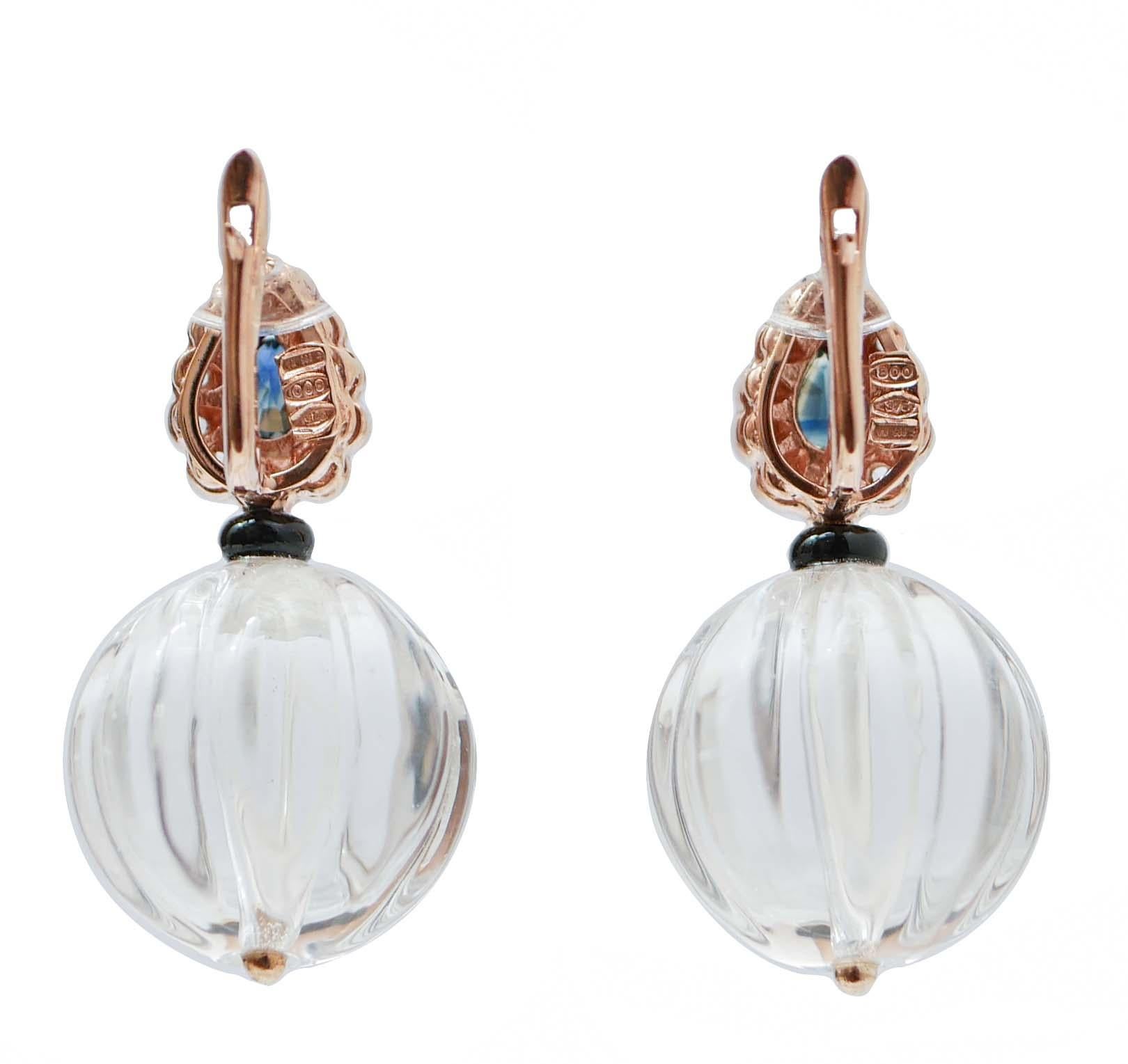 Retro Rock Crystal, Onyx, Diamonds, Sapphires, Rose Gold and Silver Earrings. For Sale