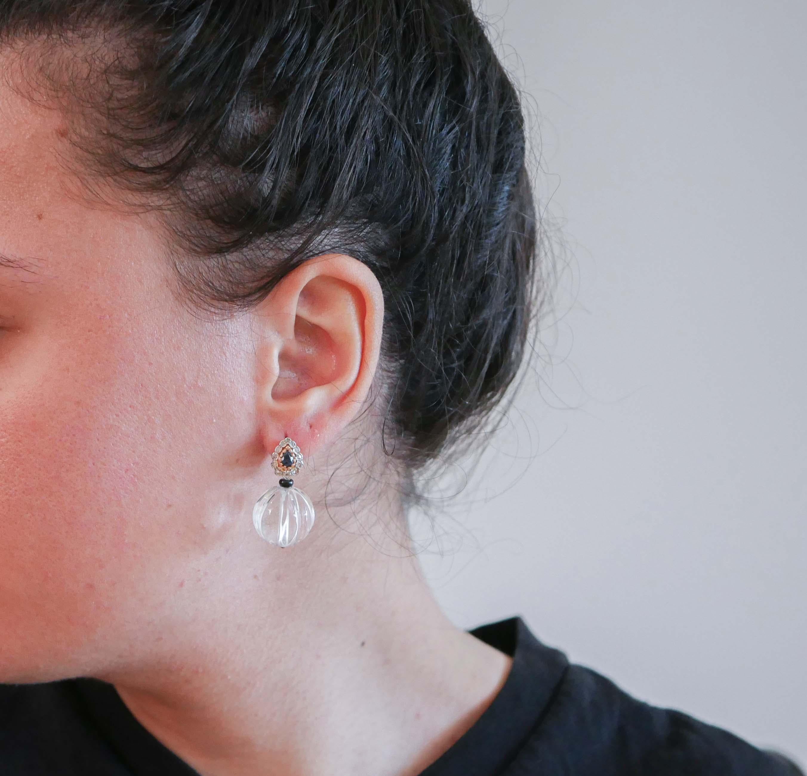 Mixed Cut Rock Crystal, Onyx, Diamonds, Sapphires, Rose Gold and Silver Earrings. For Sale