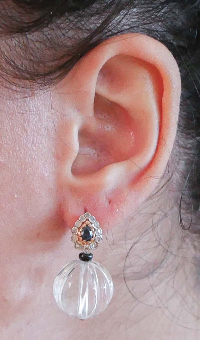 Rock Crystal, Onyx, Diamonds, Sapphires, Rose Gold and Silver Earrings. In Good Condition For Sale In Marcianise, Marcianise (CE)