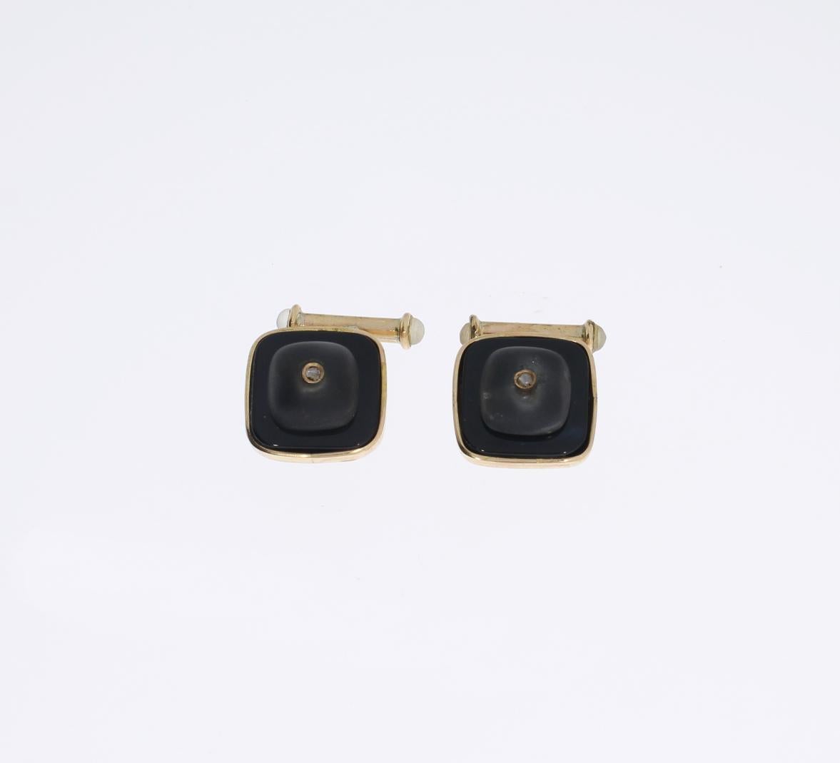 Cabochon Rock Crystal Onyx Gold Cufflinks For Sale