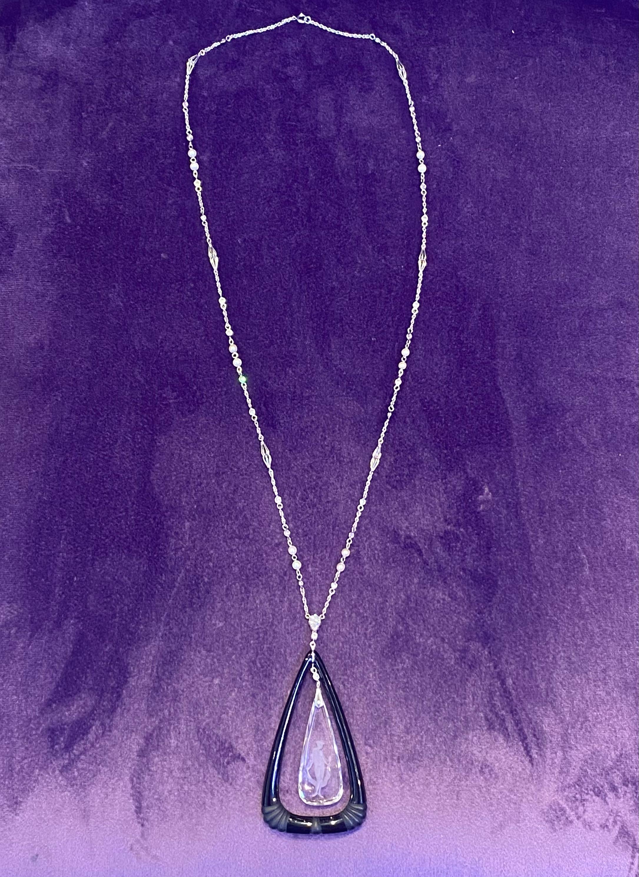 Pear Cut Rock Crystal & Onyx Pendant Necklace For Sale