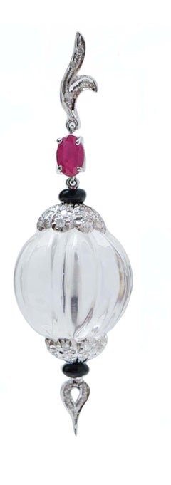 Rock Crystal, Onyx, Rubies, Diamonds, 14 Karat White Gold Earrings.