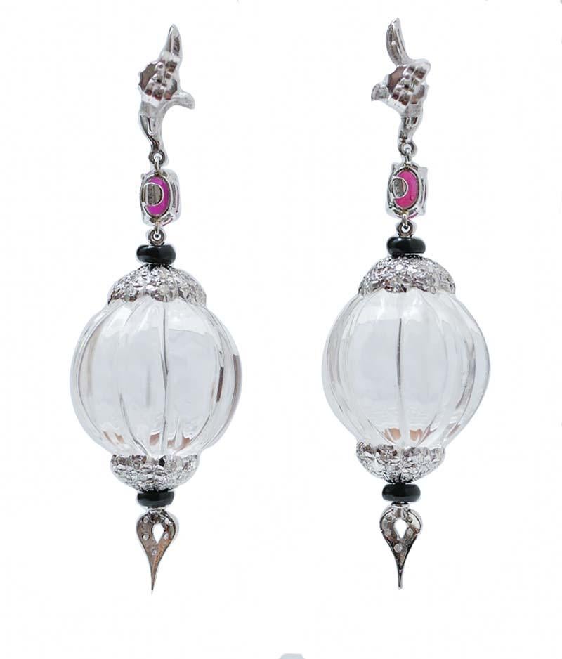 Retro Rock Crystal, Onyx, Rubies, Diamonds, 14 Karat White Gold Earrings.