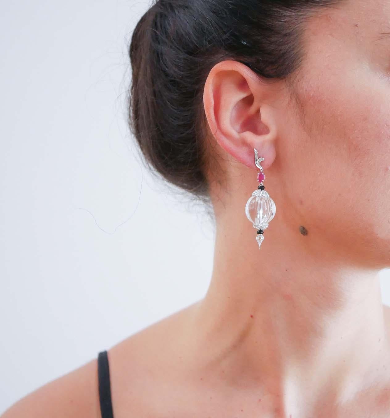 Mixed Cut Rock Crystal, Onyx, Rubies, Diamonds, 14 Karat White Gold Earrings.
