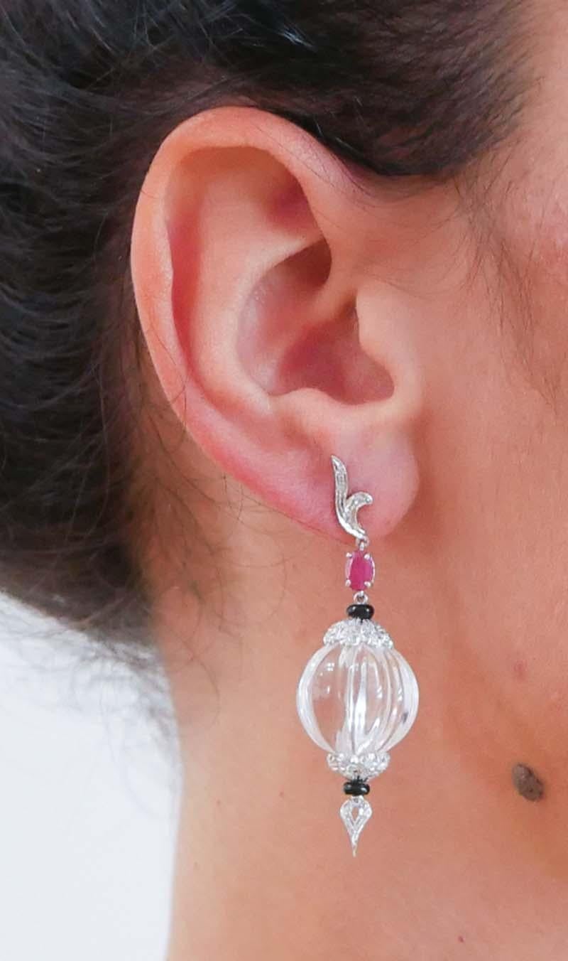 Rock Crystal, Onyx, Rubies, Diamonds, 14 Karat White Gold Earrings. In Good Condition In Marcianise, Marcianise (CE)