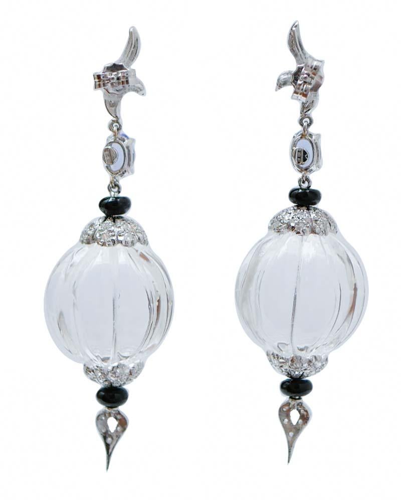 Retro Rock Crystal, Onyx, Tanzanite , Diamonds, 14 Karat White Gold Earrings. For Sale