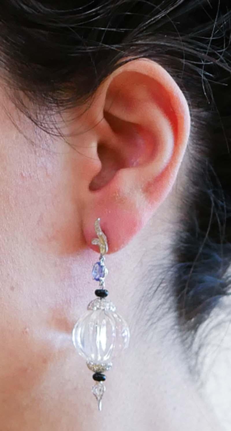 Rock Crystal, Onyx, Tanzanite , Diamonds, 14 Karat White Gold Earrings. In Good Condition For Sale In Marcianise, Marcianise (CE)