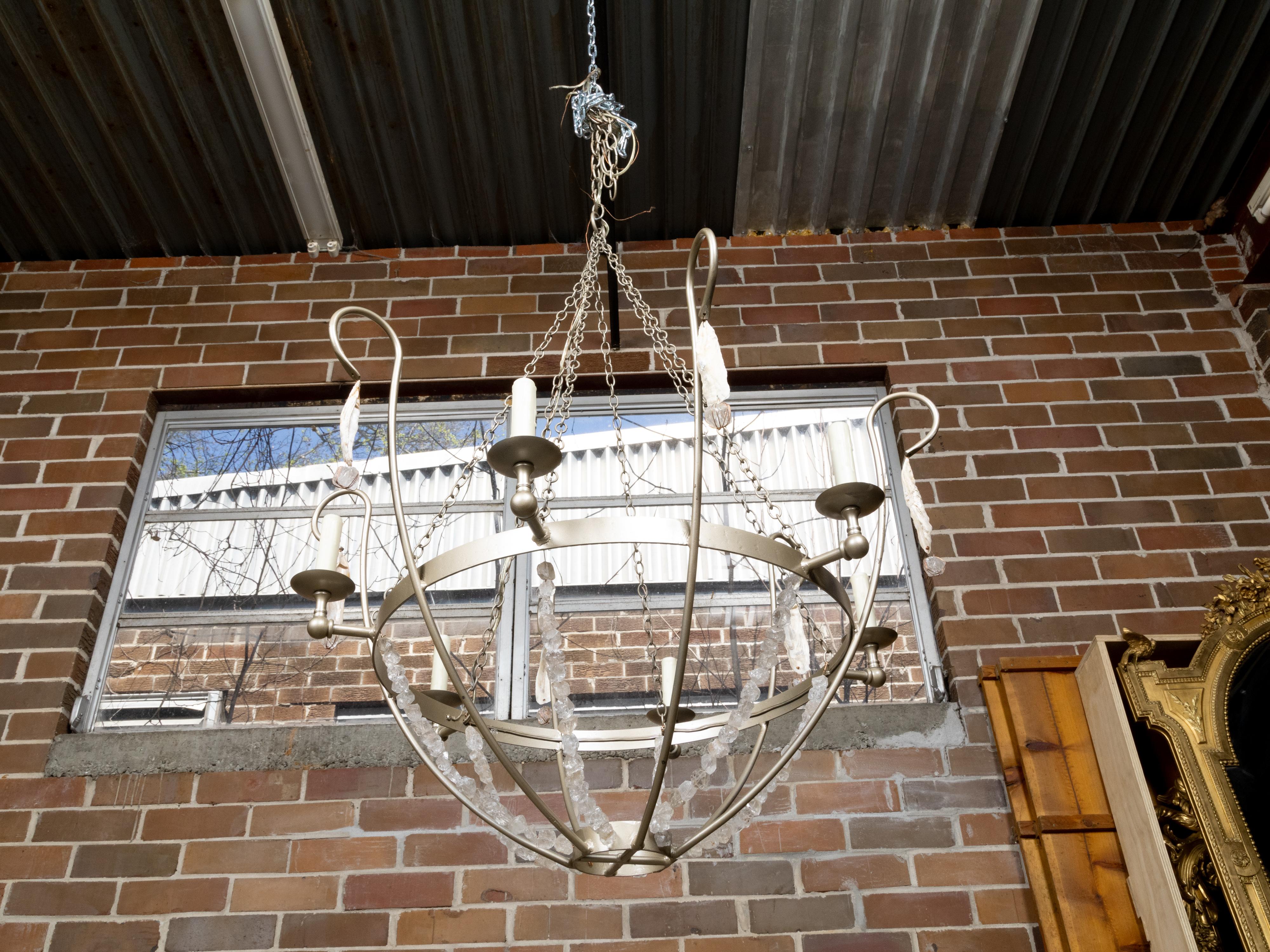 Rock Crystal, Oyster and Steel Basket Six-Light Vintage Chandelier, US Wired For Sale 6