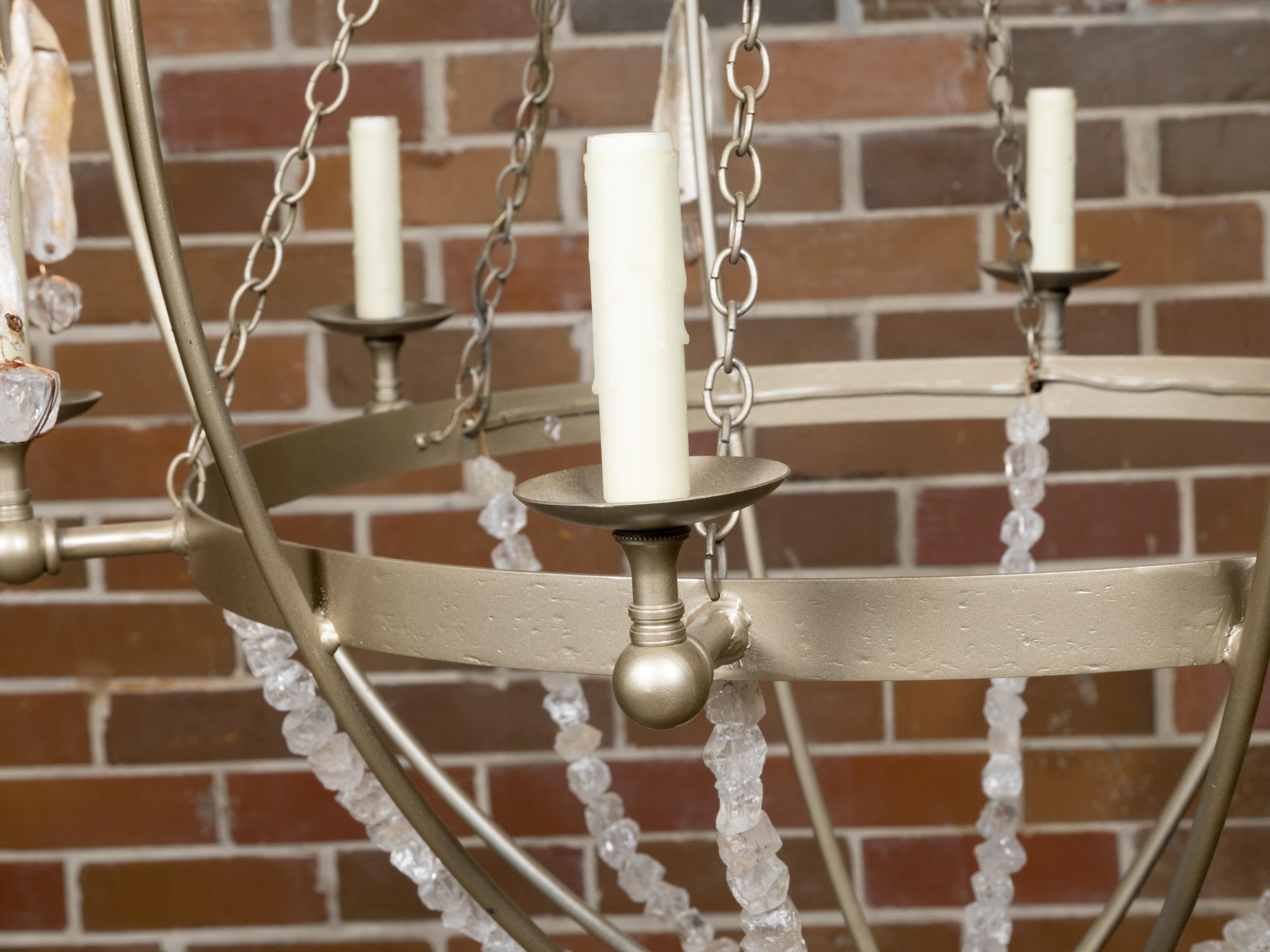 Rock Crystal, Oyster and Steel Basket Six-Light Vintage Chandelier, US Wired For Sale 10