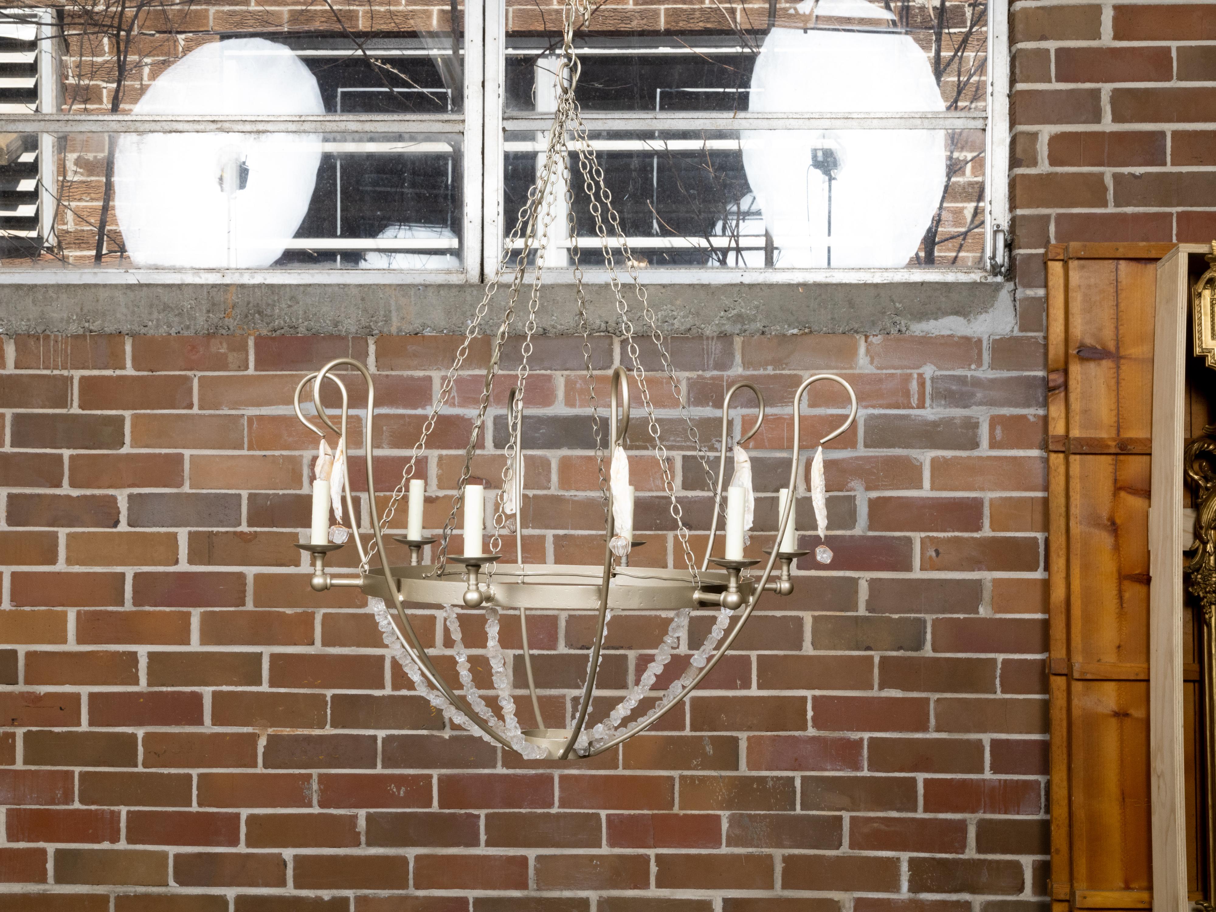 Rock Crystal, Oyster and Steel Basket Six-Light Vintage Chandelier, US Wired For Sale 12