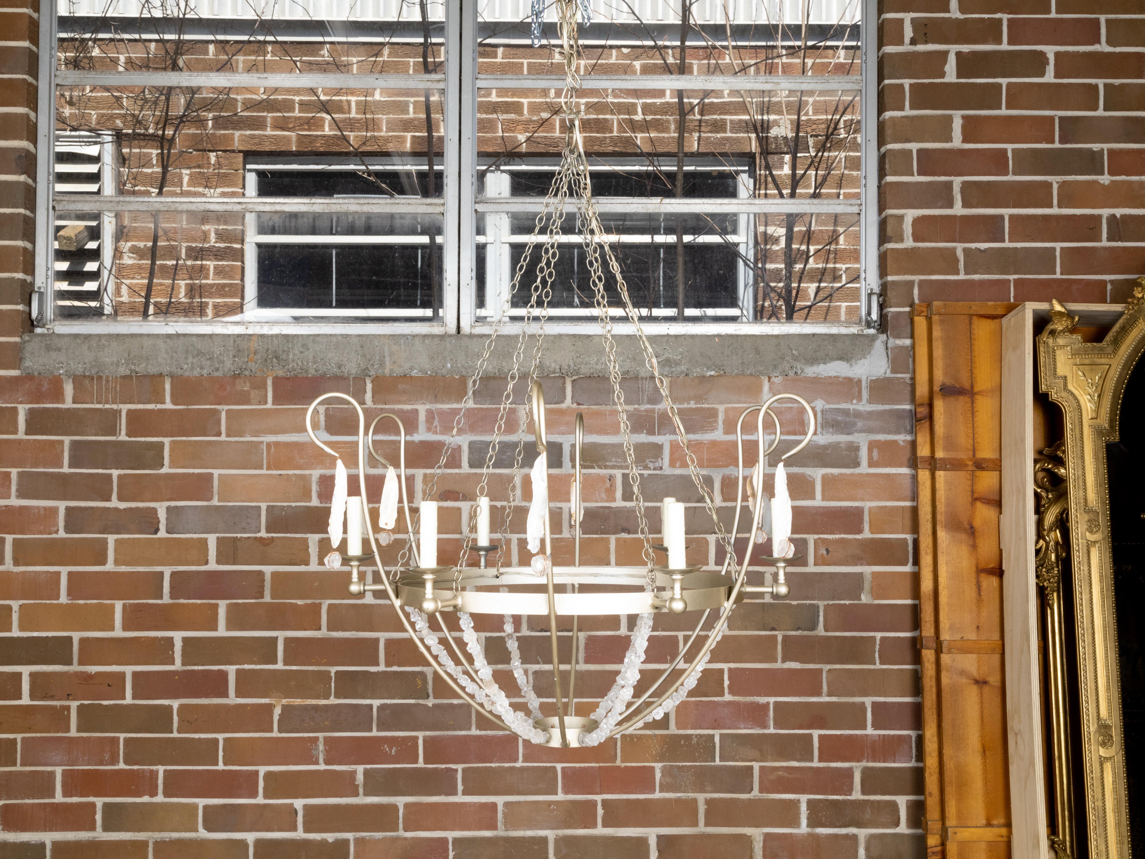 American Rock Crystal, Oyster and Steel Basket Six-Light Vintage Chandelier, US Wired For Sale