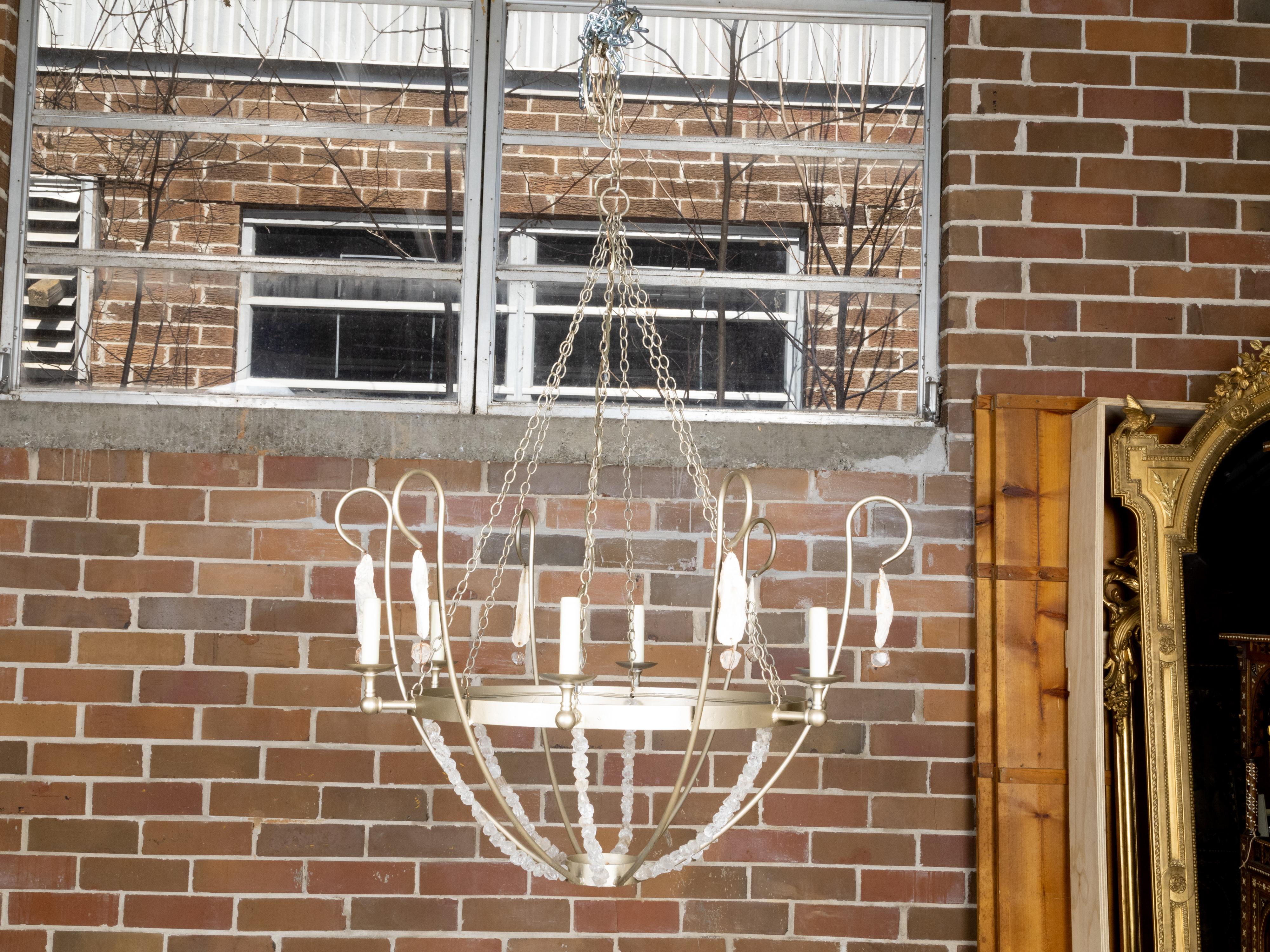 Rock Crystal, Oyster and Steel Basket Six-Light Vintage Chandelier, US Wired In Good Condition For Sale In Atlanta, GA
