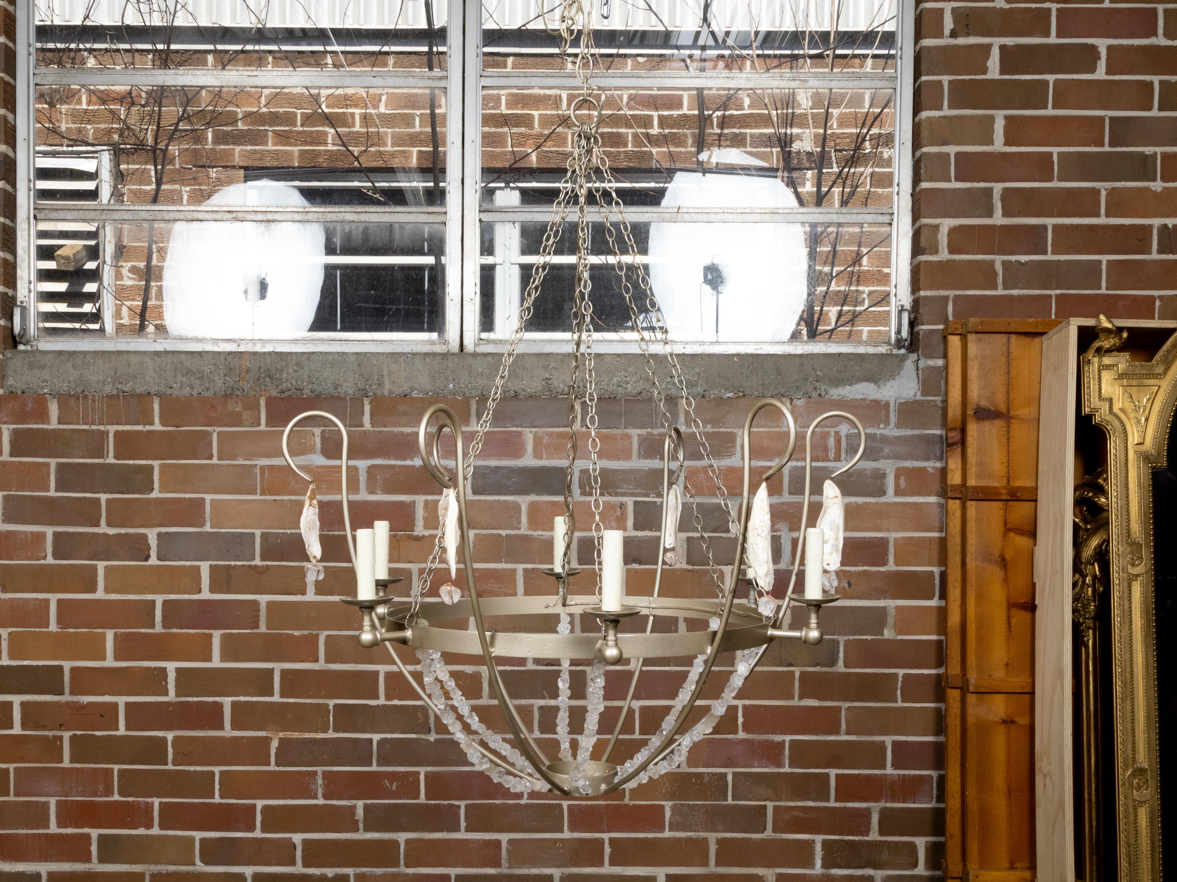 Rock Crystal, Oyster and Steel Basket Six-Light Vintage Chandelier, US Wired For Sale 1