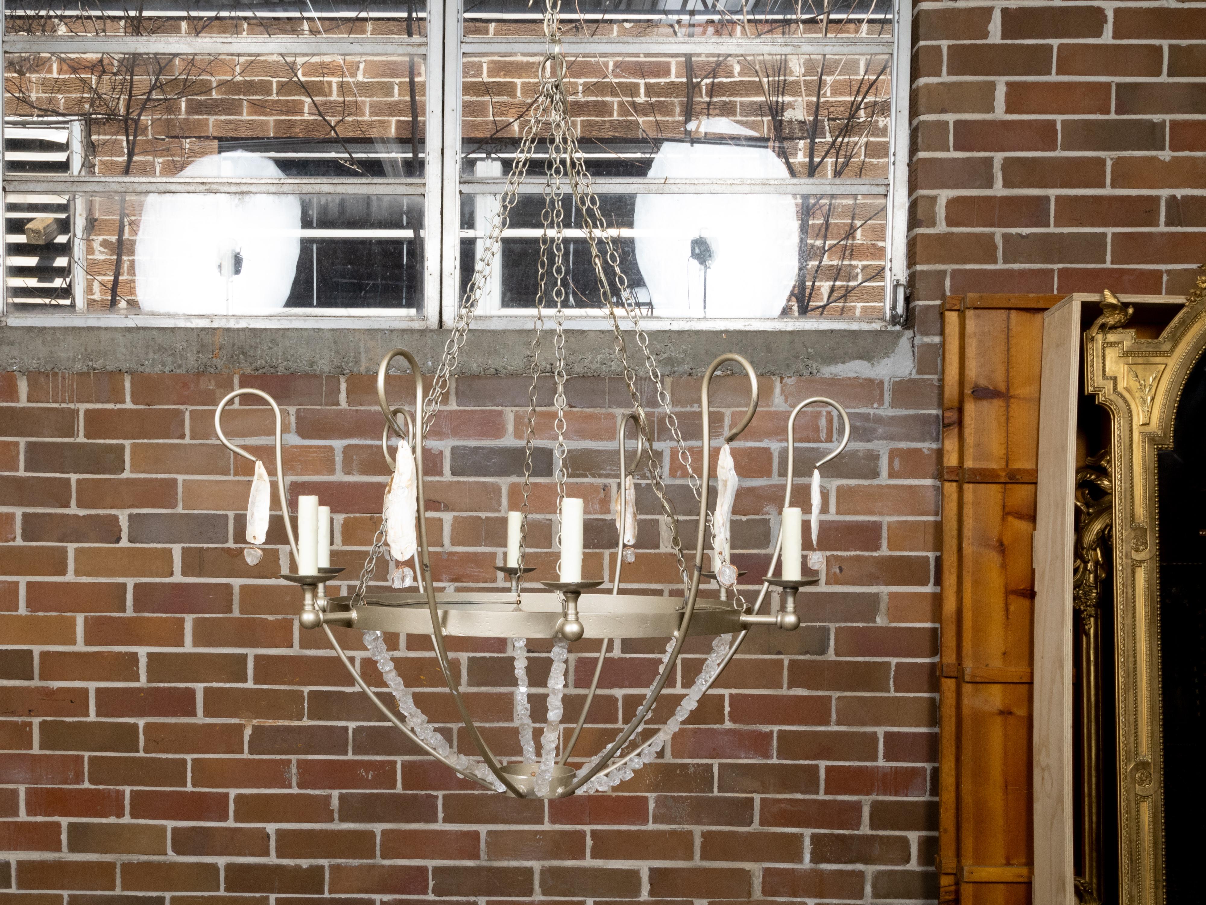 Rock Crystal, Oyster and Steel Basket Six-Light Vintage Chandelier, US Wired For Sale 3