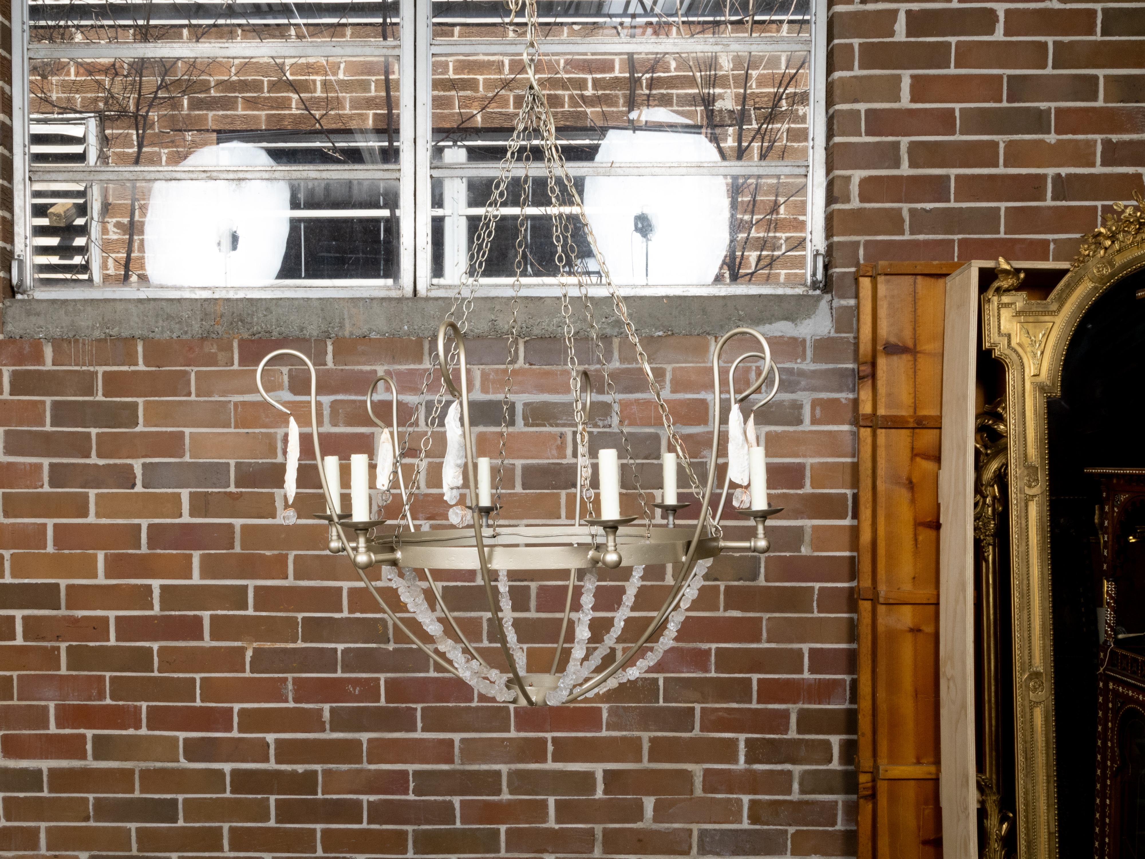 Rock Crystal, Oyster and Steel Basket Six-Light Vintage Chandelier, US Wired For Sale 4