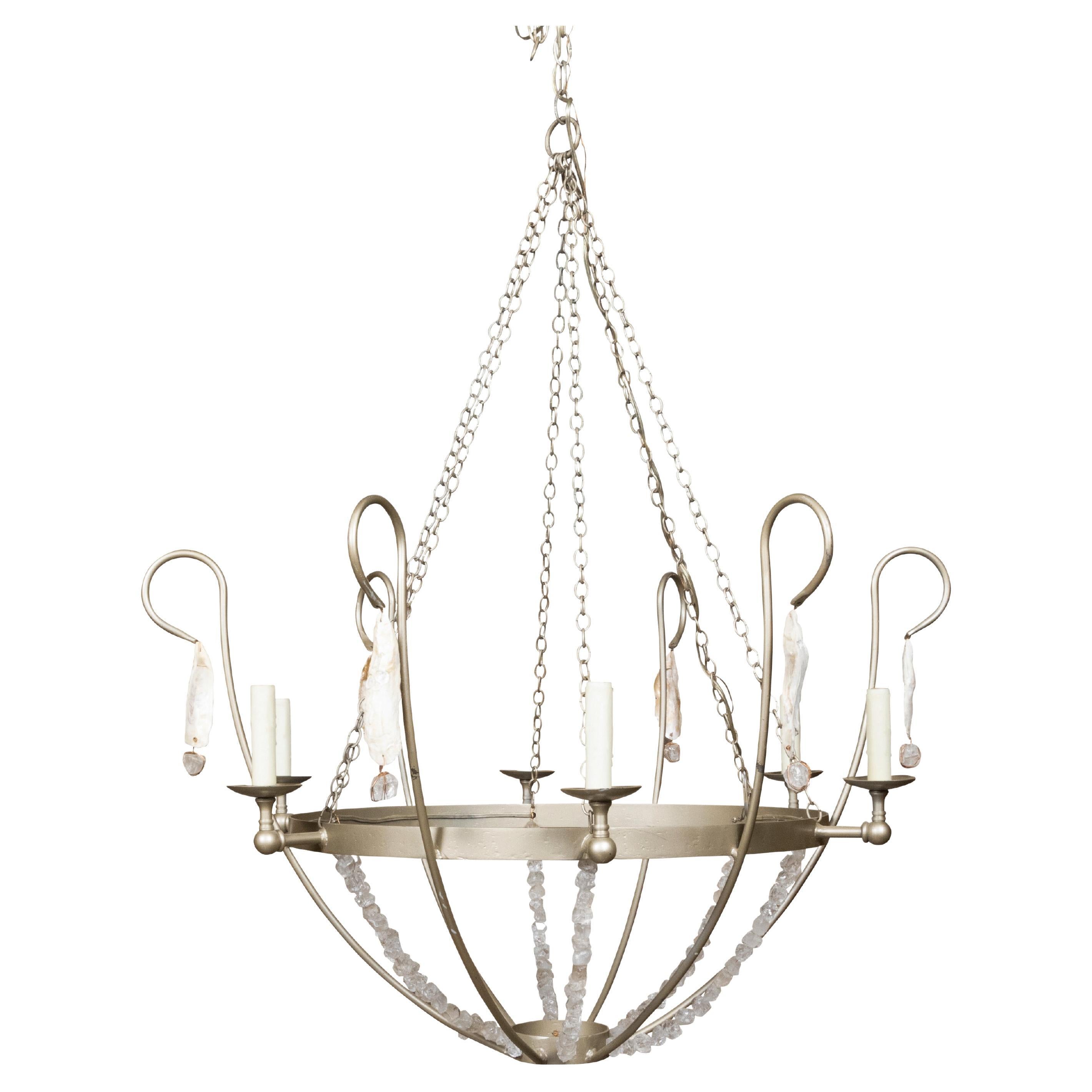 Rock Crystal, Oyster and Steel Basket Six-Light Vintage Chandelier, US Wired For Sale
