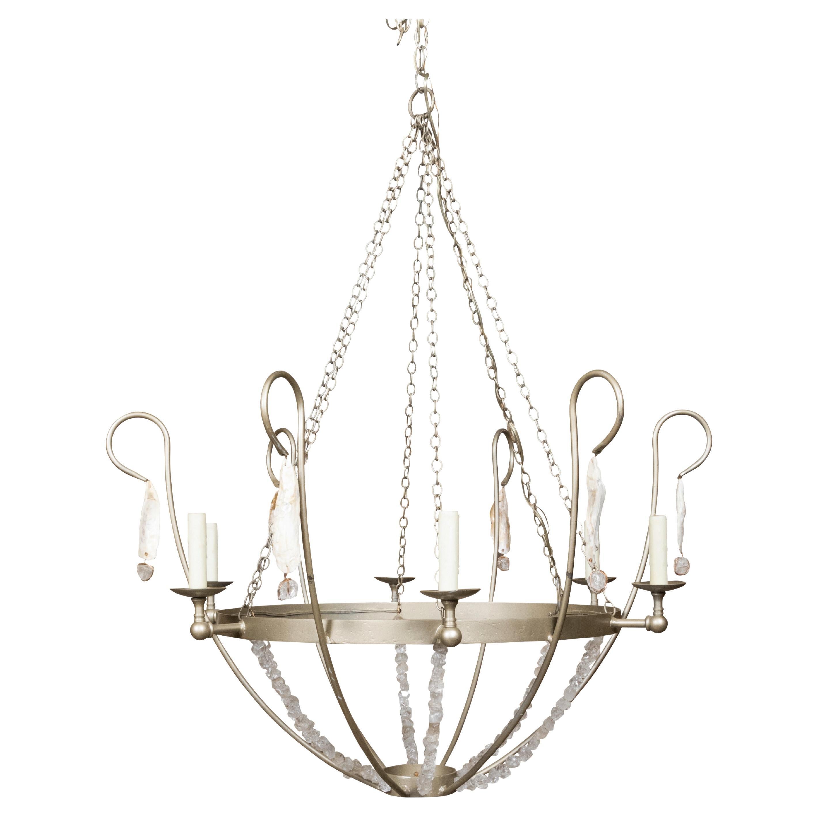 Rock Crystal, Oyster and Steel Basket Six-Light Vintage Chandelier, US Wired