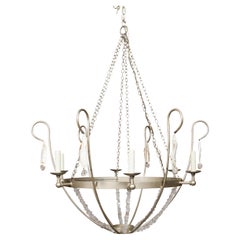 Rock Crystal, Oyster and Steel Basket Six-Light Used Chandelier, US Wired