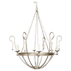 Rock Crystal, Oyster and Steel Basket Six-Light Vintage Chandelier, US Wired