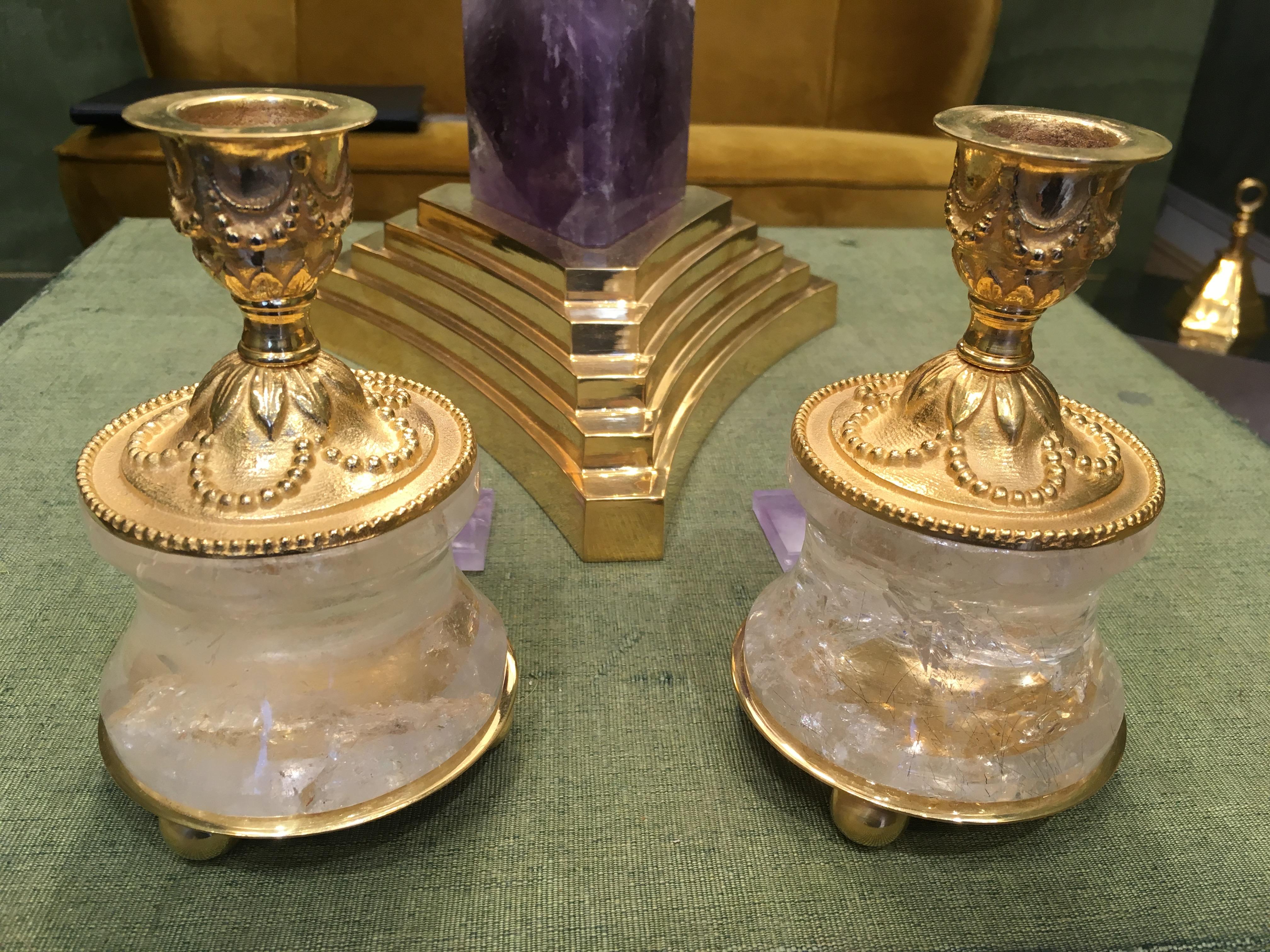 Louis XVI Rock Crystal Pair of Candlestick by Alexandre Vossion