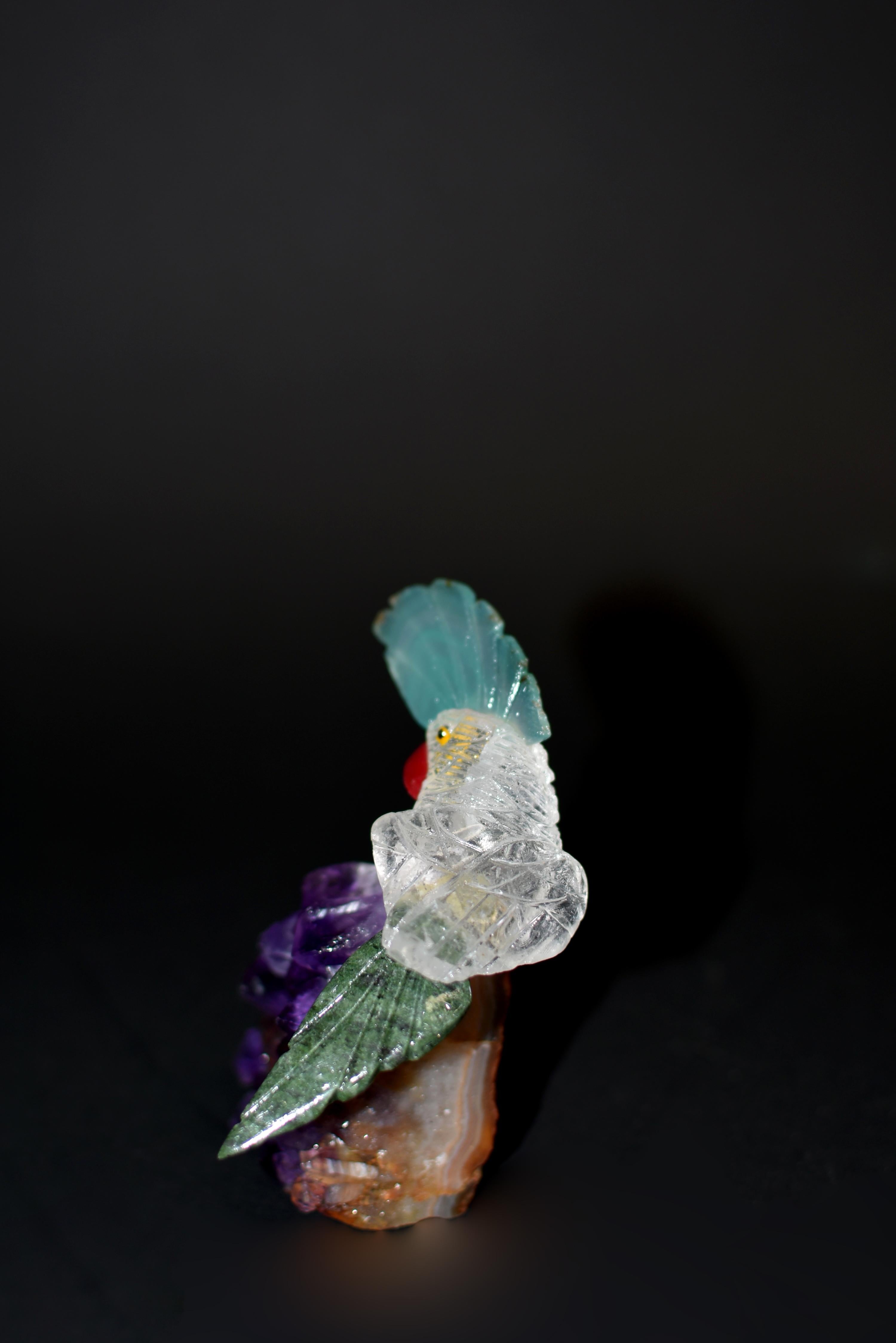 Peruvian Rock Crystal Parrots Birds on Amethyst For Sale