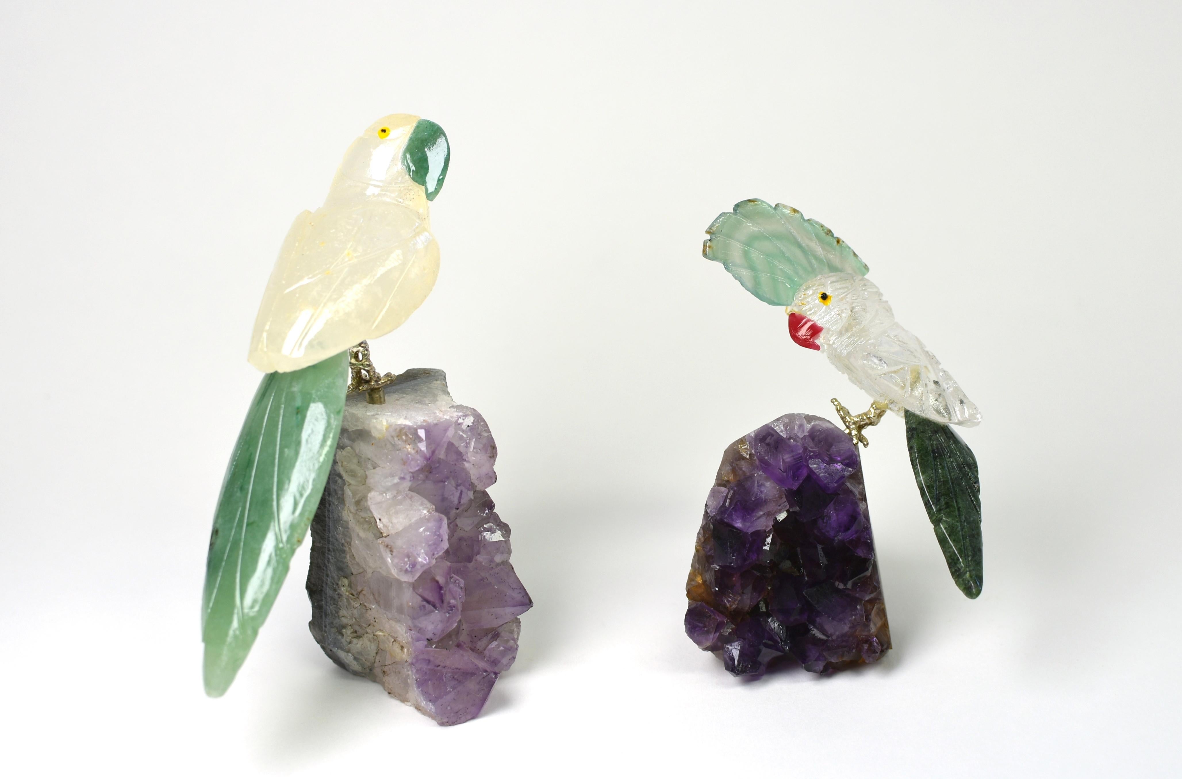 Contemporary Rock Crystal Parrots Birds on Amethyst For Sale