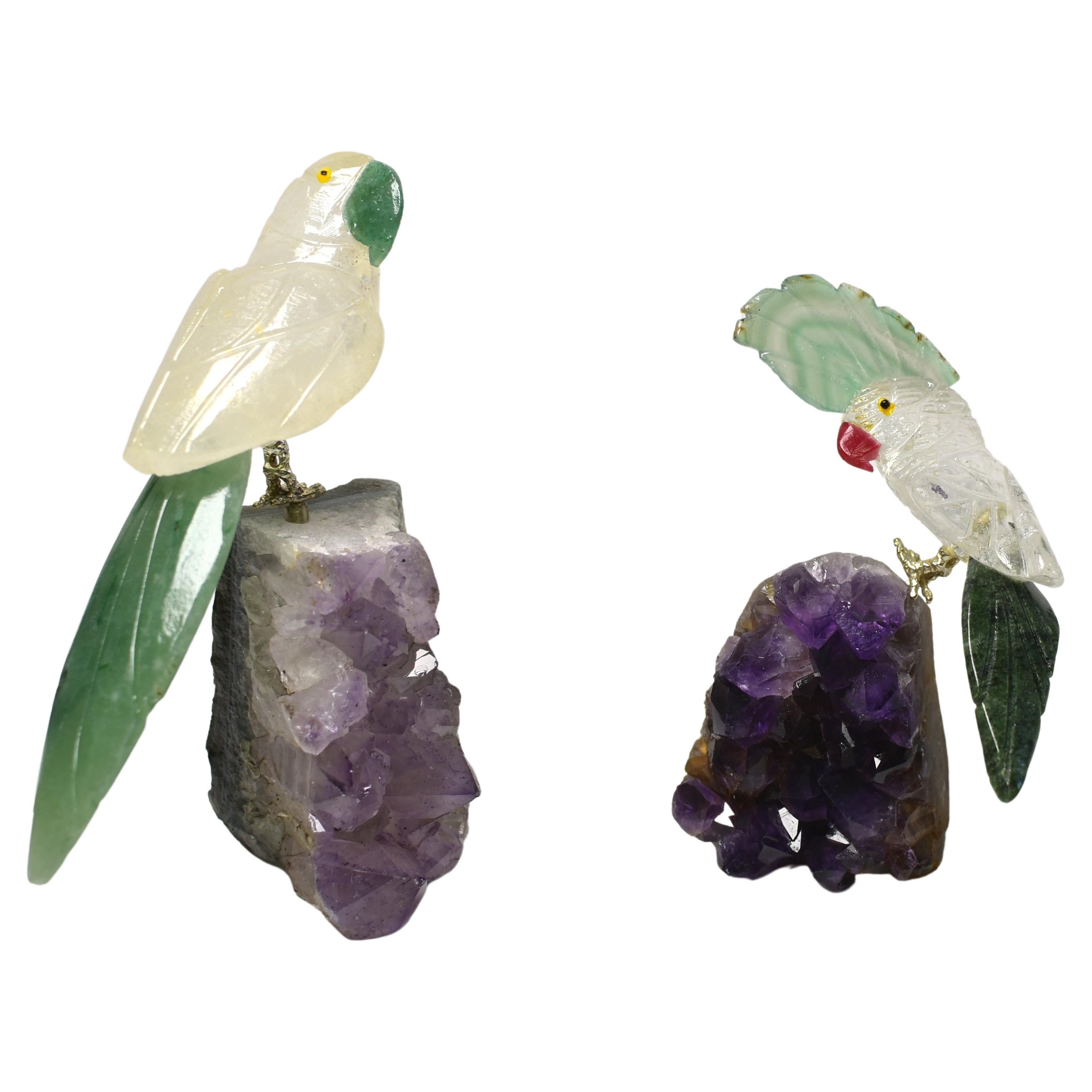 Perroquets en cristal de roche Oiseaux sur améthyste