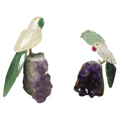 Antique Rock Crystal Parrots Birds on Amethyst