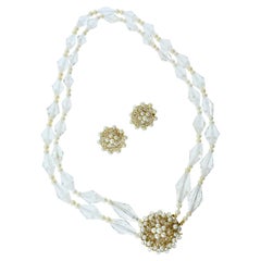 Ensemble collier et boucles d'oreilles en cristal de roche:: perle et or jaune