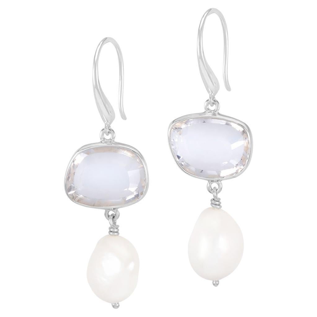 Rock Crystal Pebble & Pearl Drop Earrings In Sterling Silver For Sale
