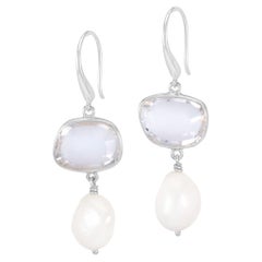 Rock Crystal Pebble & Pearl Drop Earrings In Sterling Silver