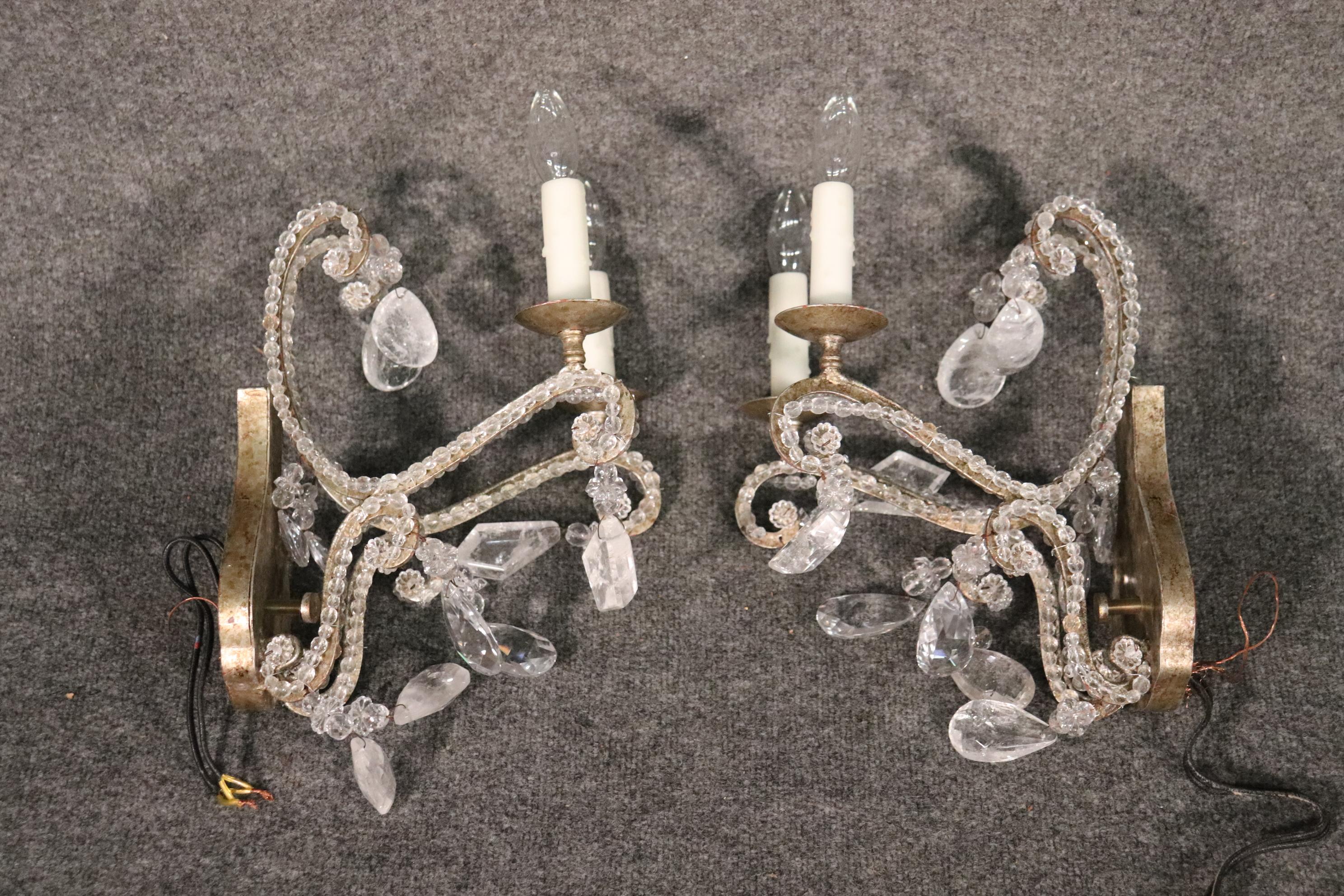 Italian Rock Crystal Pendant Bagues Style French Louis XV Sconces For Sale